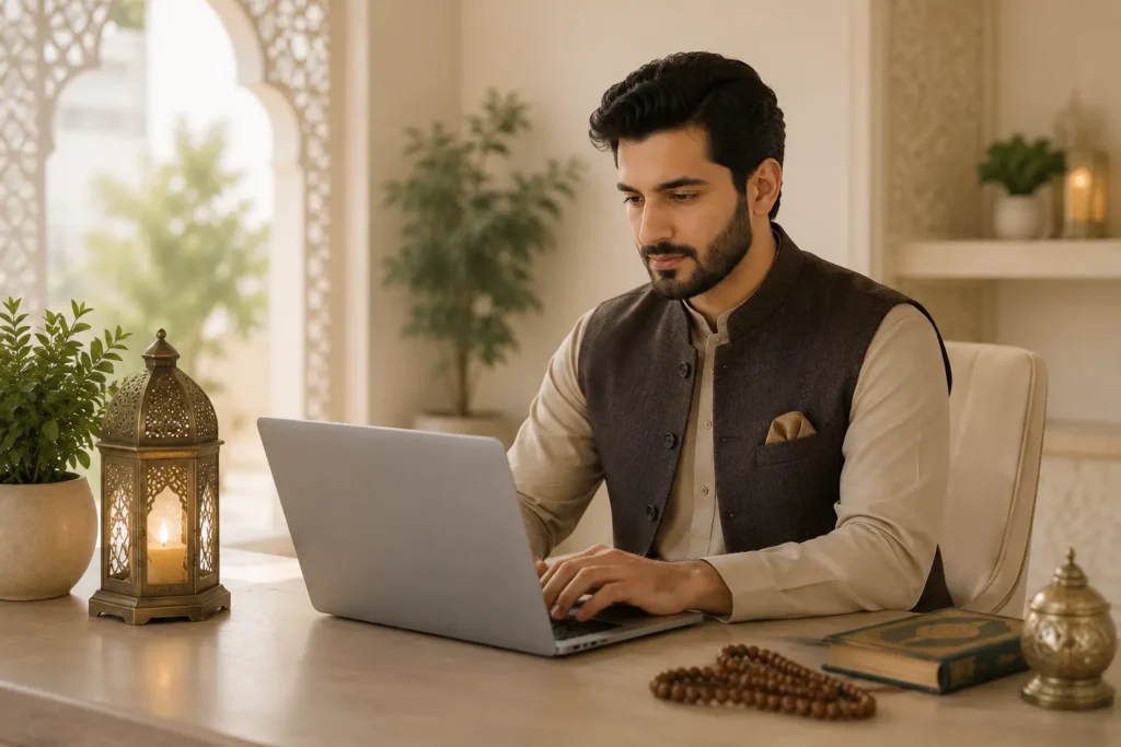Muslim groom completing online matrimonial registration on a laptop