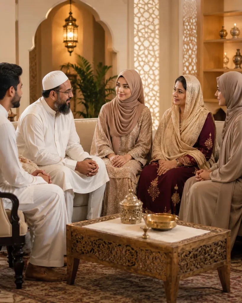 Muslim family meeting in an elegant indoor setting for matrimonial discussion