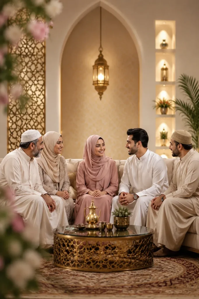 Muslim family discussing a marriage proposal with a matchmaking advisor
