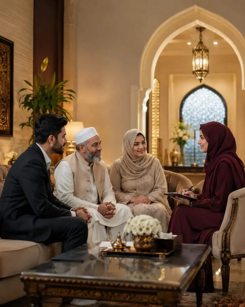 Muslim family discussing a marriage proposal with a matchmaking advisor in a private setting